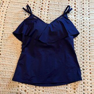 Lands End Navy Ruffle V Neck Tankini Top w/Multi Criss Cross Straps Sz 4 EUC